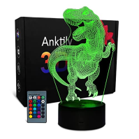 Dinosauří hračky pro chlapce, 3D dinosauří noční světlo pro děti optická iluze lampa, 16 barev s dálkovým ovládáním noční stolní